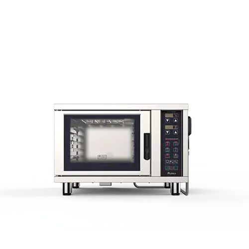 Un horno microondas de acero inoxidable con puerta de cristal sobre un fondo blanco.
