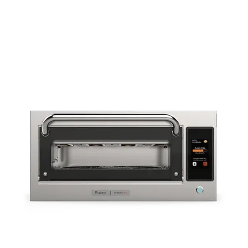 Un horno de acero inoxidable con mango negro sobre fondo blanco.