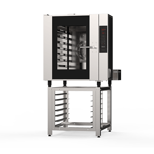 Un horno de convección está colocado encima de un soporte de acero inoxidable sobre un fondo blanco.