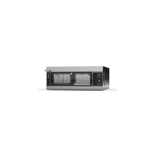 Un horno de acero inoxidable con puerta de cristal sobre un fondo blanco.