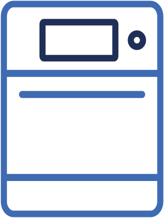 Blue and white oven icon with a display and knob.