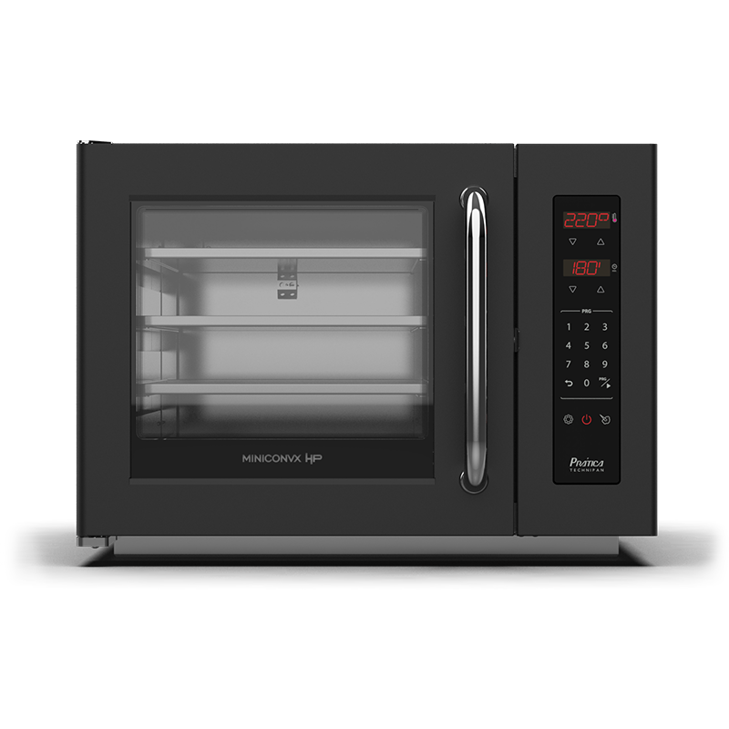 Un horno microondas negro con puerta de cristal sobre un fondo blanco.