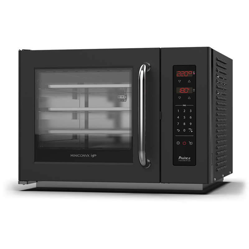 Un horno microondas negro con puerta de cristal sobre un fondo blanco.