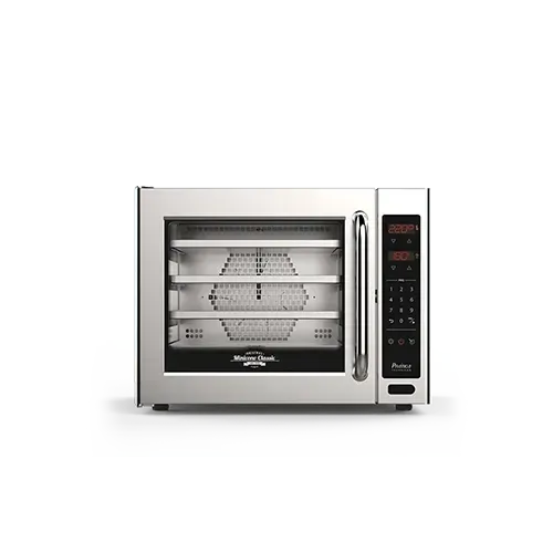 Un horno de acero inoxidable con pantalla digital sobre fondo blanco.