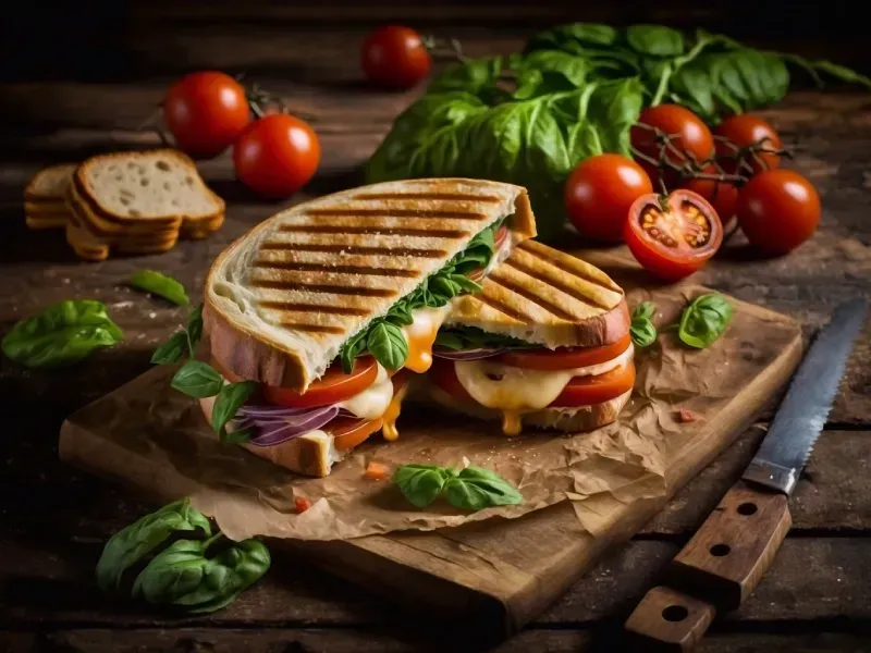 Un sándwich panini se corta por la mitad en una tabla de cortar de madera.