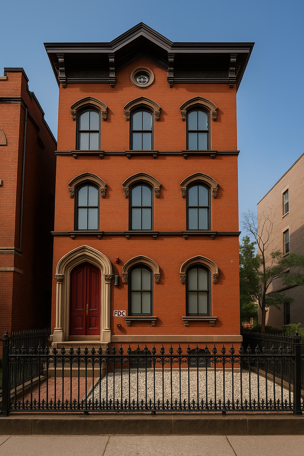 A tall, brick townhouse with arched windows, a red door, and a black iron fence in front.