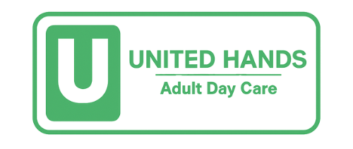 The logo for united hands adult day care is green and white.