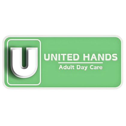 The logo for united hands adult day care is green and white.