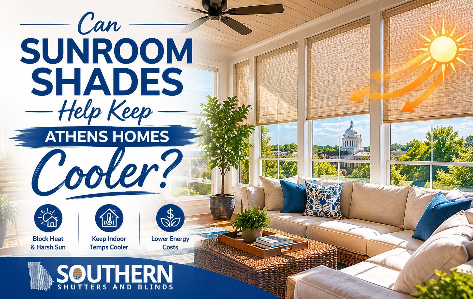 Patio with sun shades and cozy seating, promoting cooler Athens homes under bright sun.