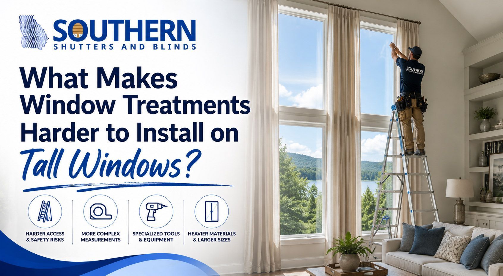 Southern Window Treatments ad: text asks why tall windows are harder to install on, beside a worker on a ladder by large windows.