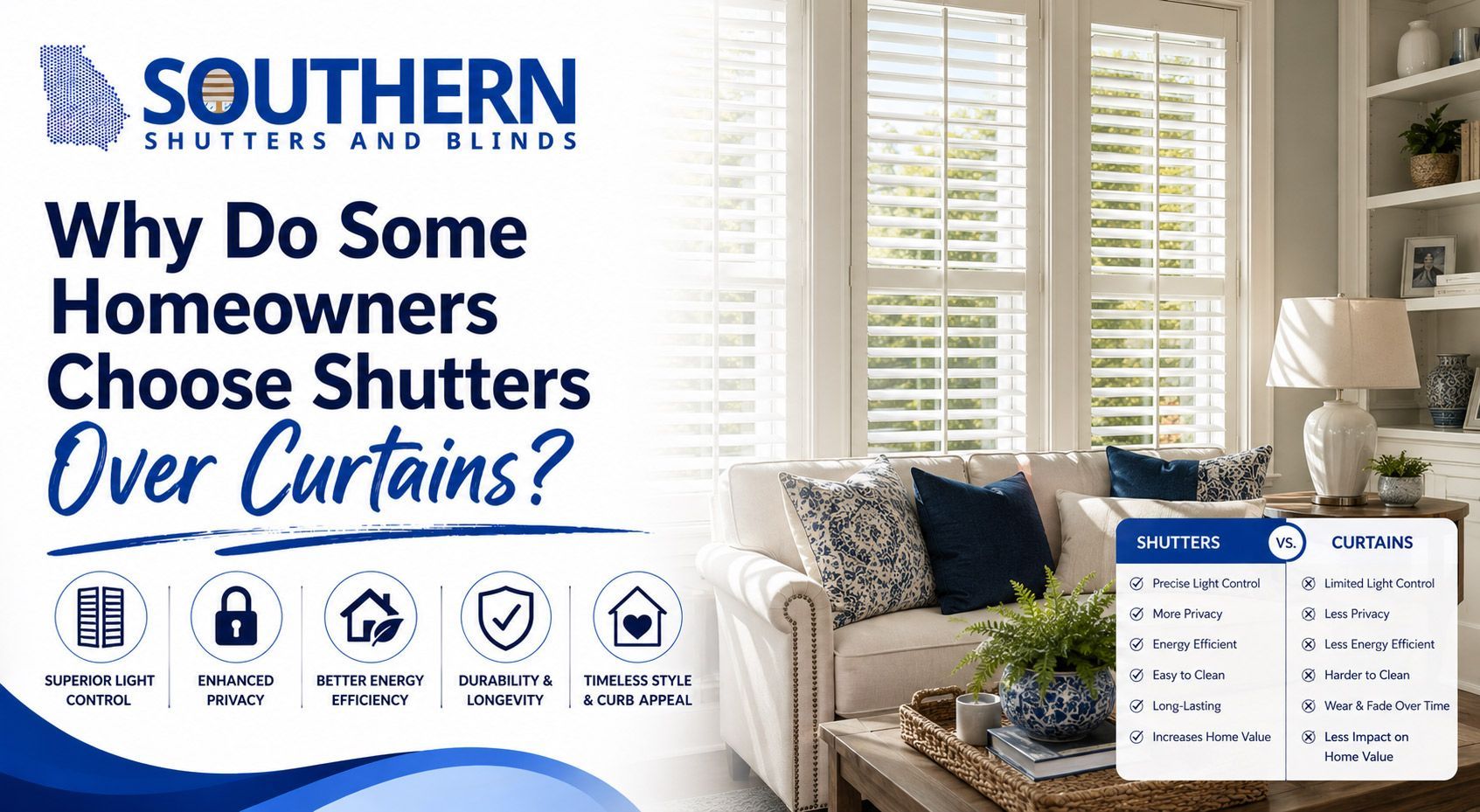 Southern Shutters and Blinds ad: “Why Do Some Homeowners Choose Shutters Over Curtains?” with bright living room scene
