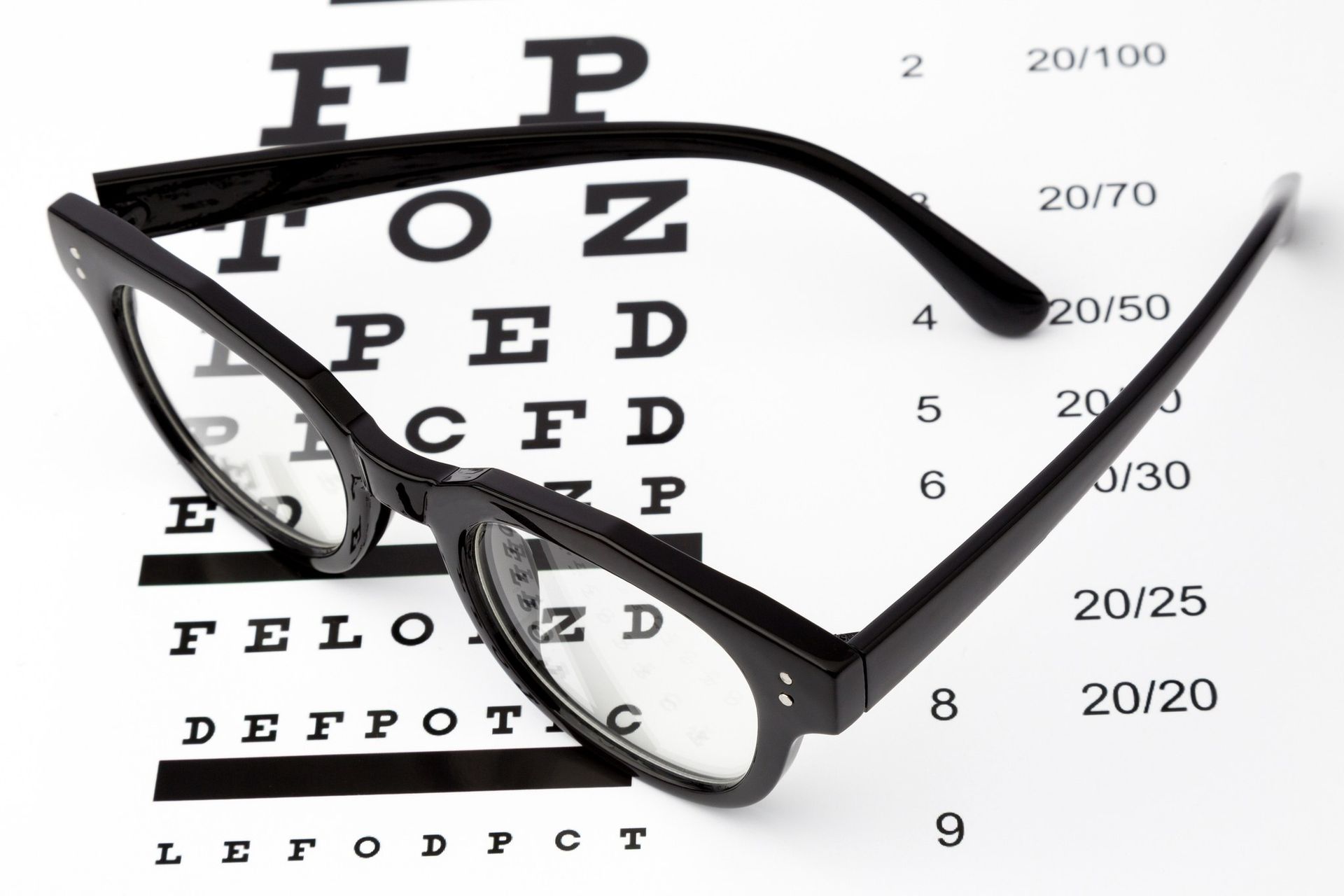Black-framed Eyeglasses Resting on a White Eye Chart — Peninsula Eyecare Izzards Optometrists in Woy Woy, NSW