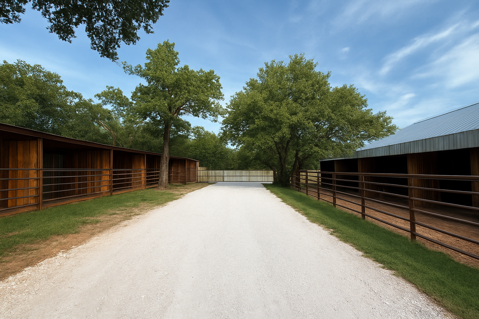 Gravel driveway leads to gated area flanked by wooden horse stalls, under blue sky with trees.