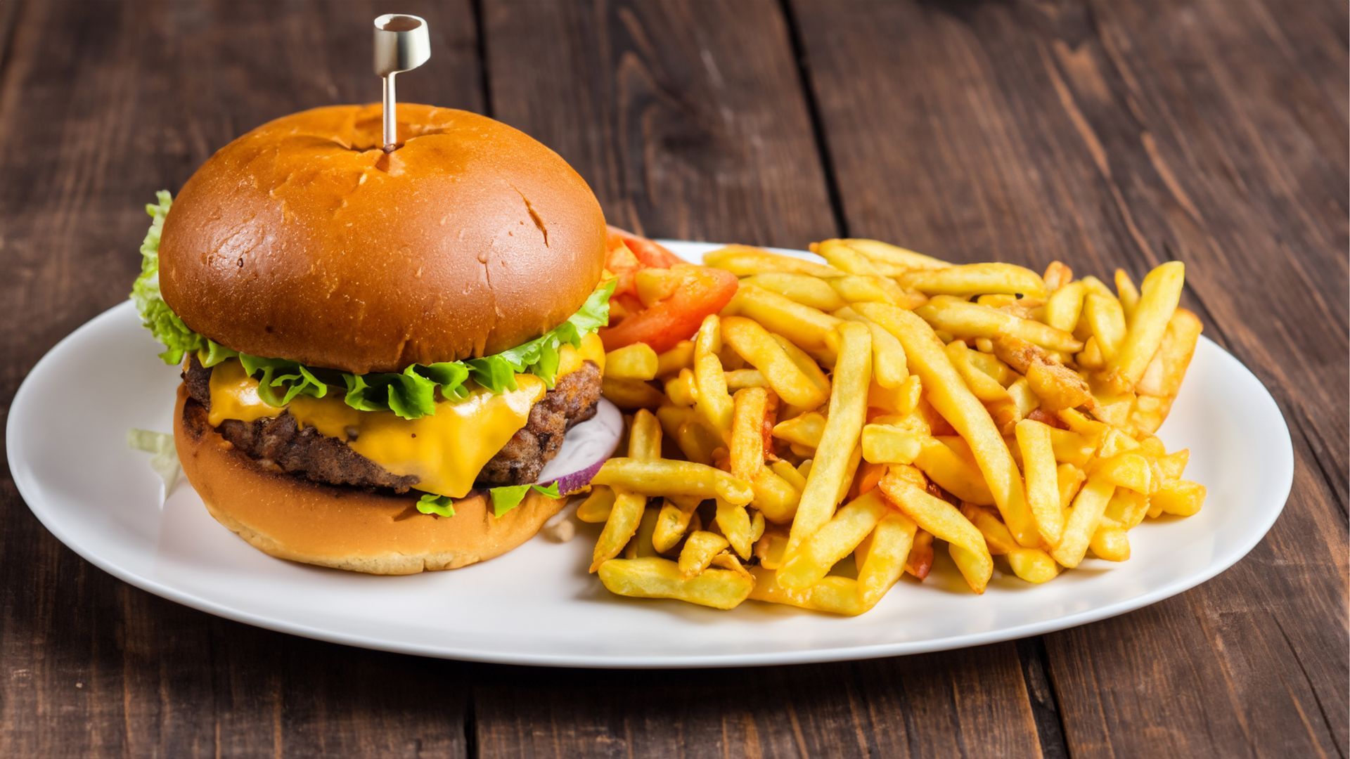 Cheeseburger on a bun with lettuce, tomato, and french fries on a white plate.