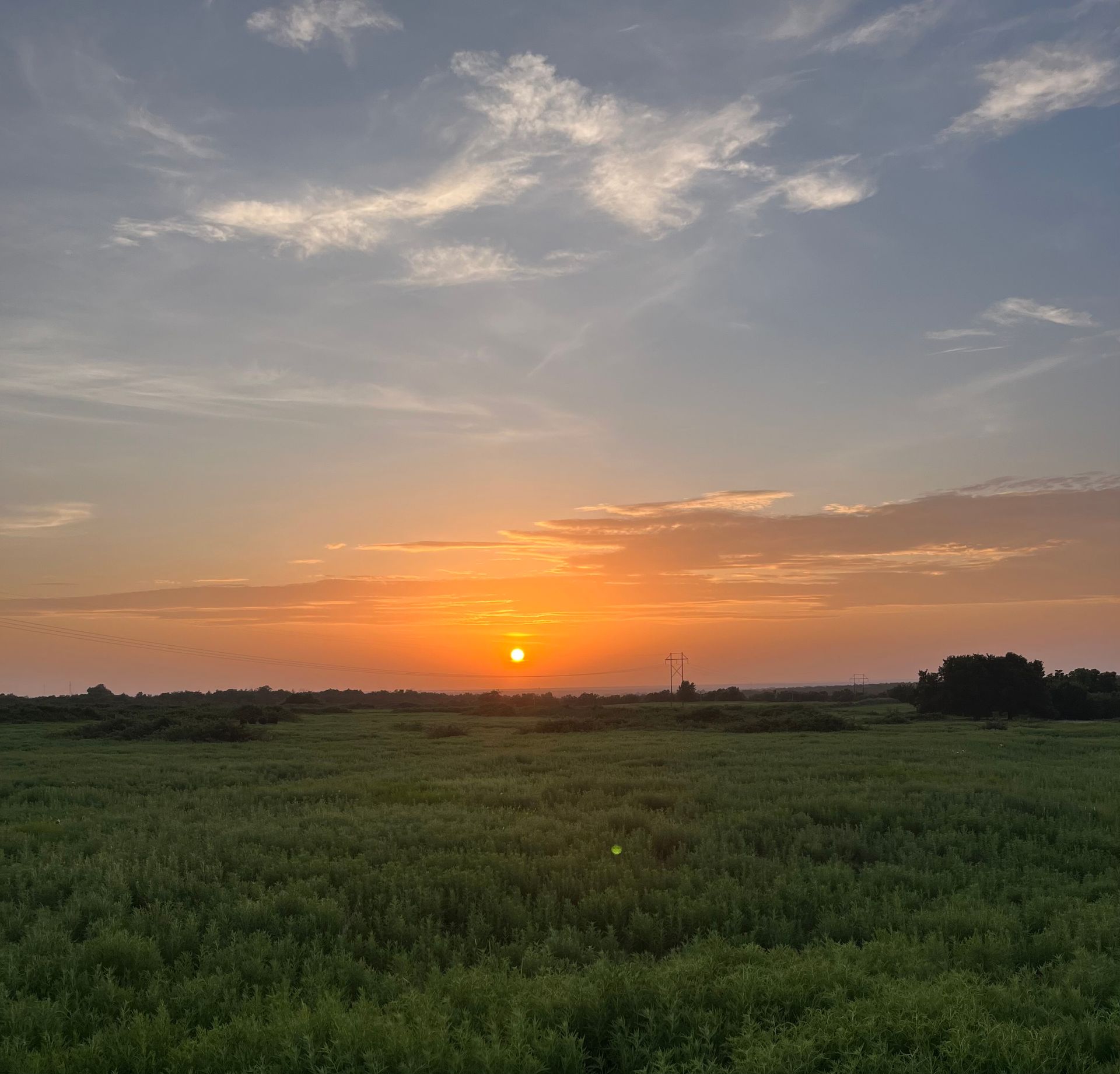 Sunset over a green field, with a bright orange sun and a cloudy blue sky.