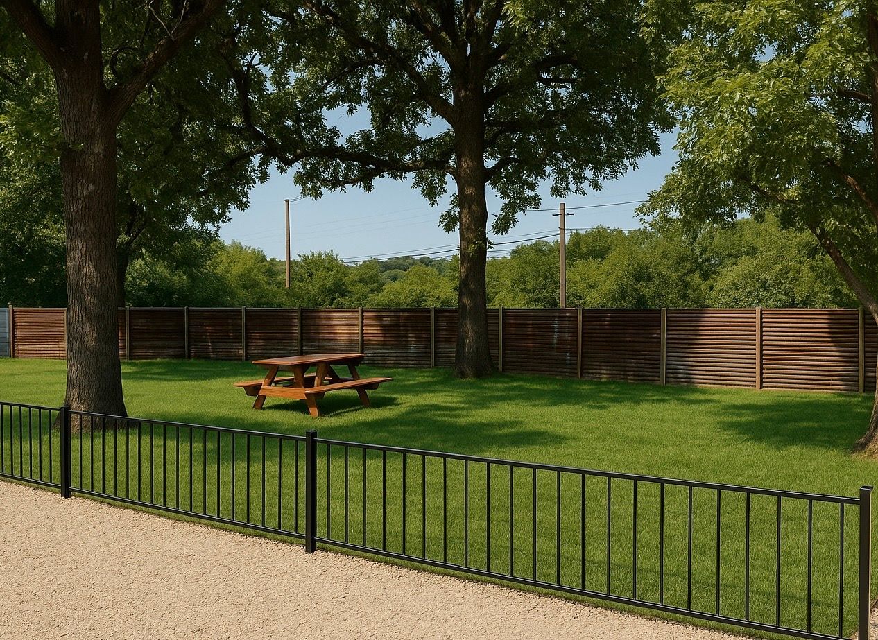 Lush green yard with picnic table under trees, fenced off from gravel path, wooden fence backdrop.