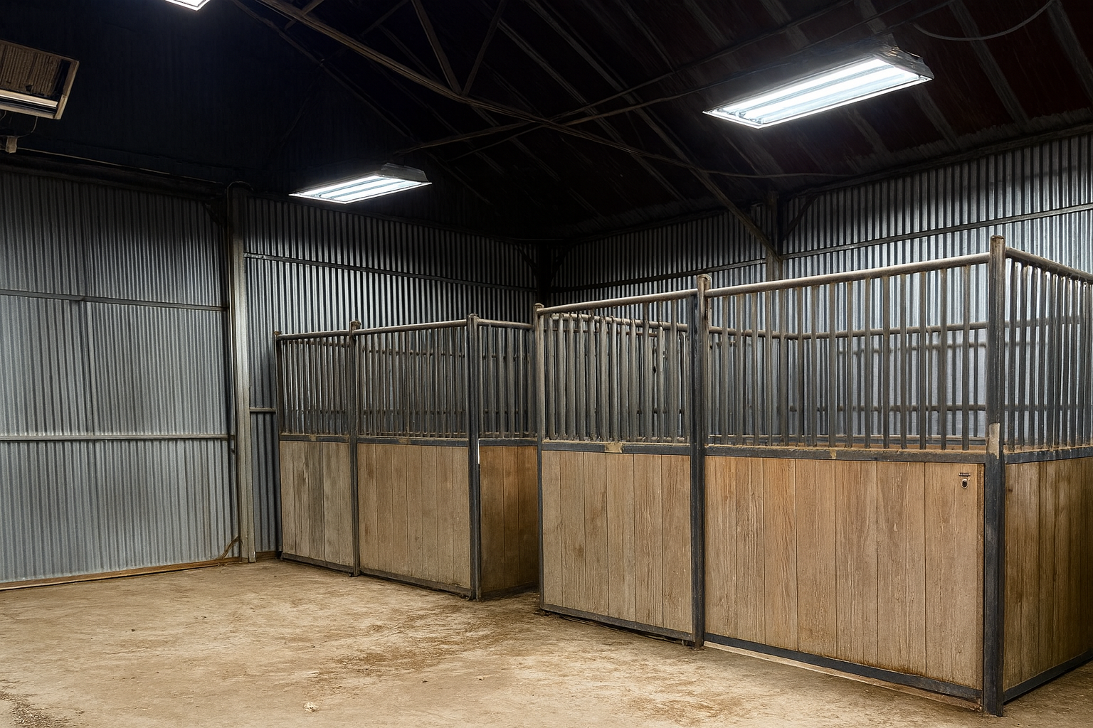 Interior of a barn with horse stalls; corrugated metal walls and ceiling, wood and metal stalls.