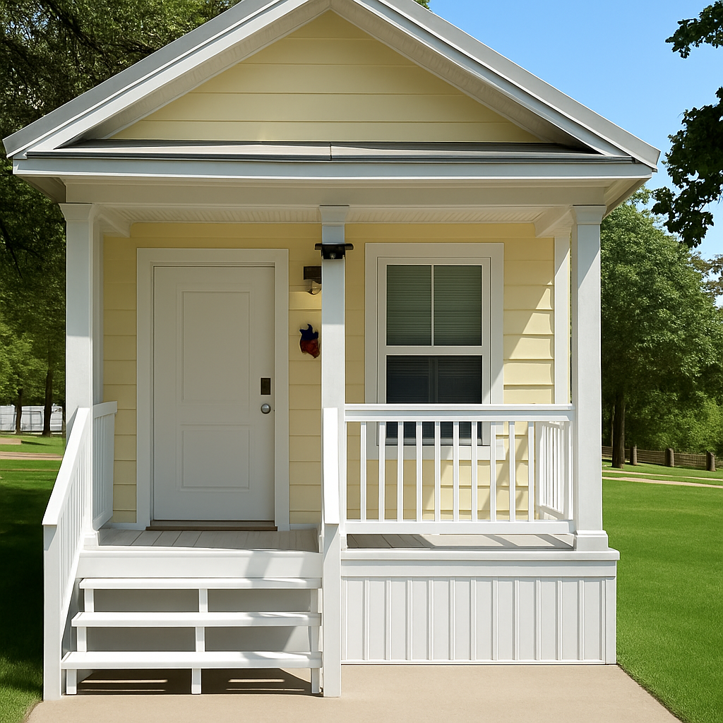 Yellow tiny house with white porch, steps, door, and window, set in a grassy yard.