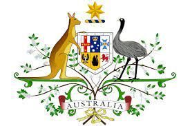 Australian Coat of Arms: Kangaroo and emu flanking a shield, green foliage, gold star above.