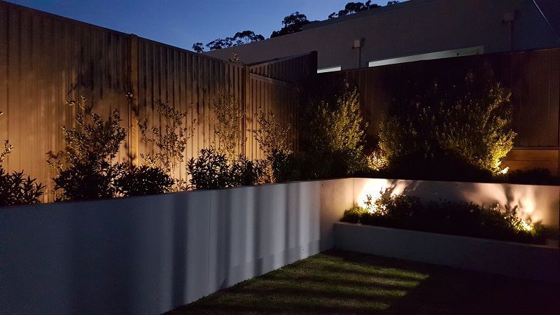 A Backyard With a Fence and Plants Lit Up at Night — Gunter Electrical In Kariong, NSW