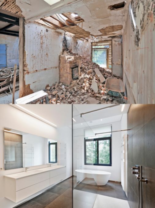 Before and after of a building that was being demolished and a brand-new bathroom with a big shower, free-standing bath and twin sinks. A before and after picture of a bathroom being remodeled