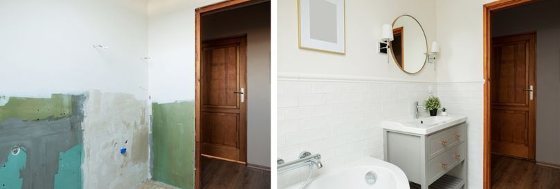 A before and after photo of a bathroom being remodeled.