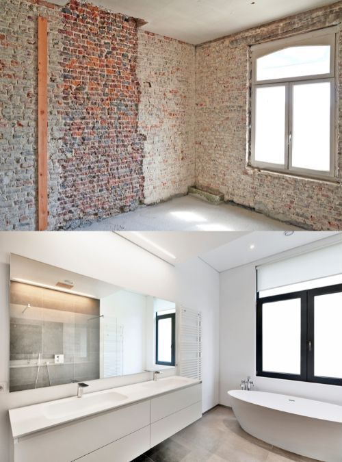 A before and after picture of a bathroom with a brick wall and a bathtub.
