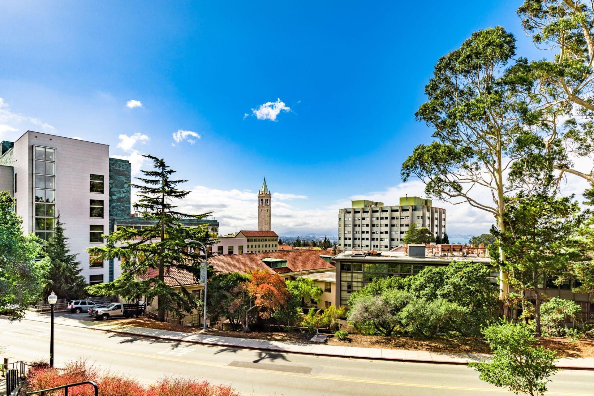 A view of a city street with a clock tower in the background.