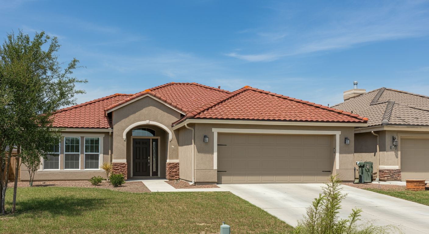 A large house with a red tile roof and a driveway.