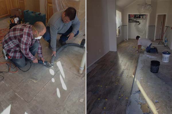 Two men are working on a wooden floor in a house.