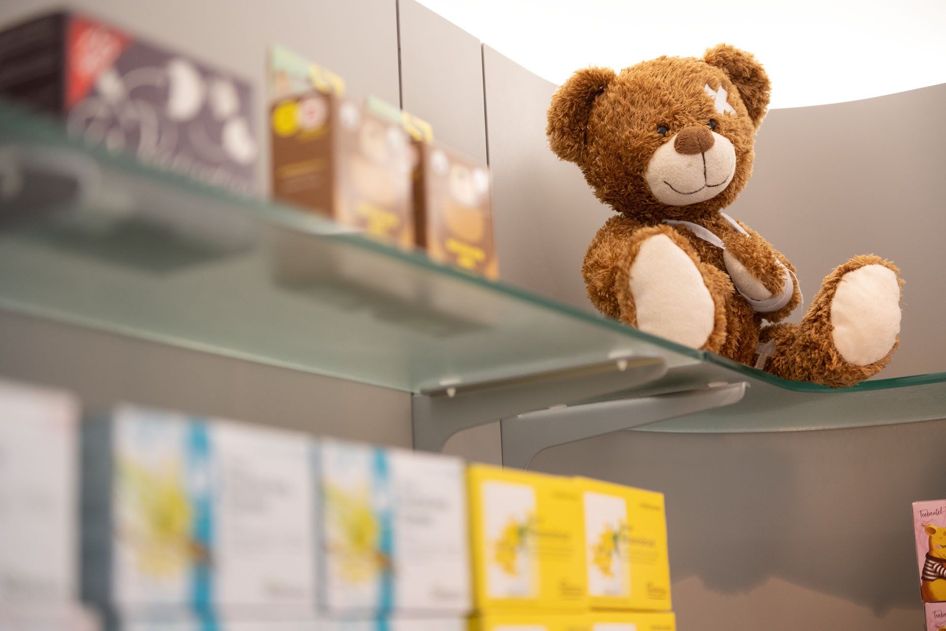 Ein Teddybär sitzt auf einem Glasregal in einem Geschäft.