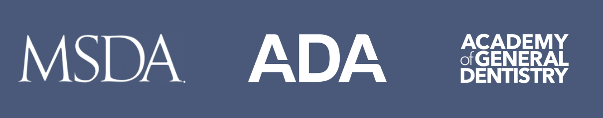 Logos for MSDA, ADA, and Academy of General Dentistry on a blue background.