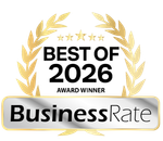 Best of 2026 award badge with gold laurel, stars, and silver BusinessRate logo.