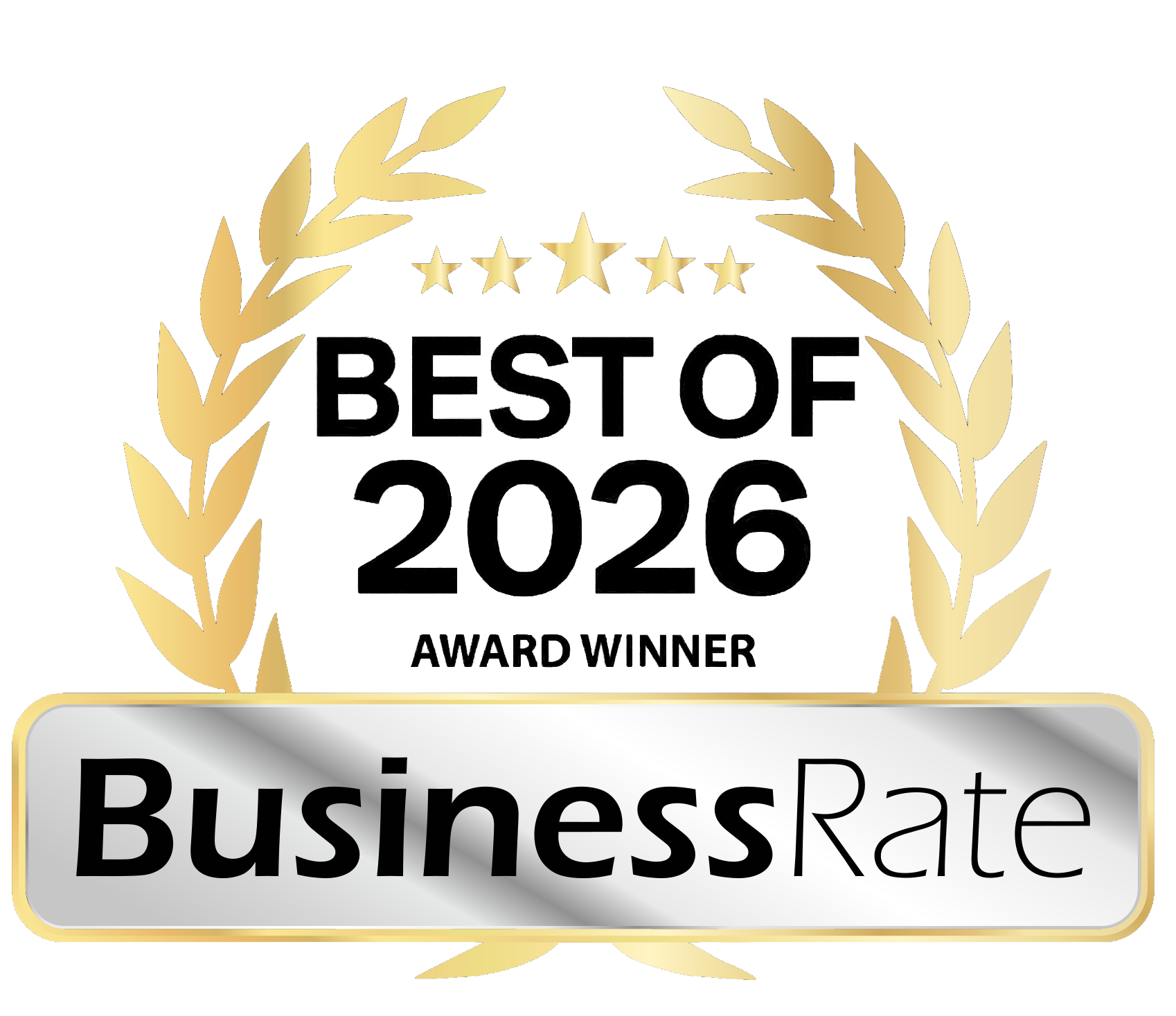 Best of 2026 award badge with gold laurel, stars, and silver BusinessRate logo.