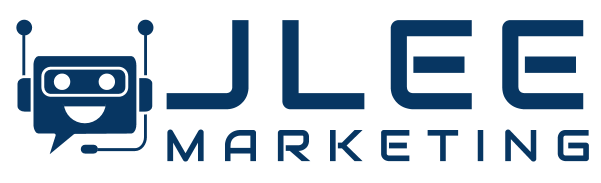 The logo for jlee marketing has a robot with a headset on.