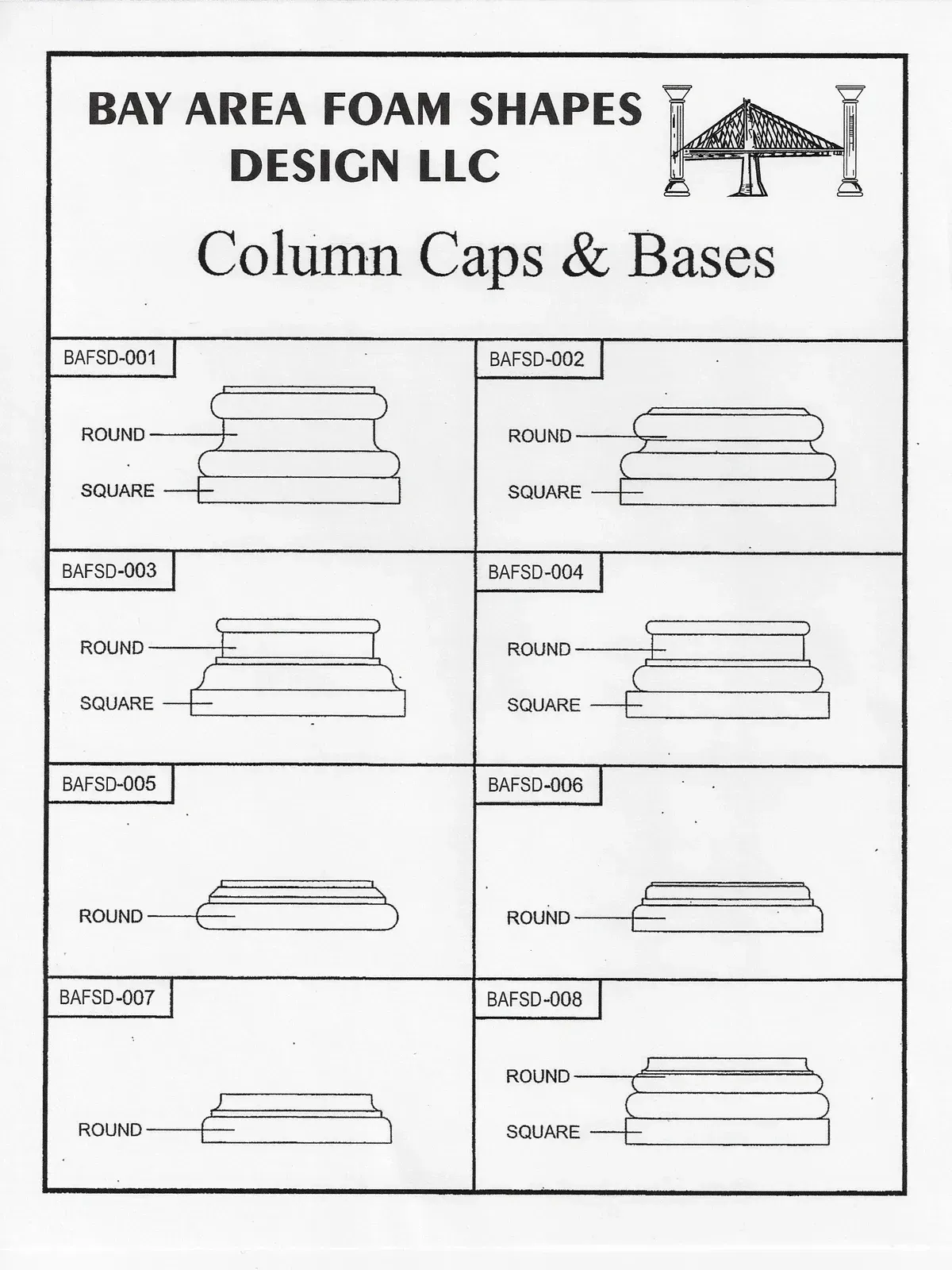 Flyer for Bay Area Foam Shapes Design LLC showing column cap and base mold profiles in black and white.