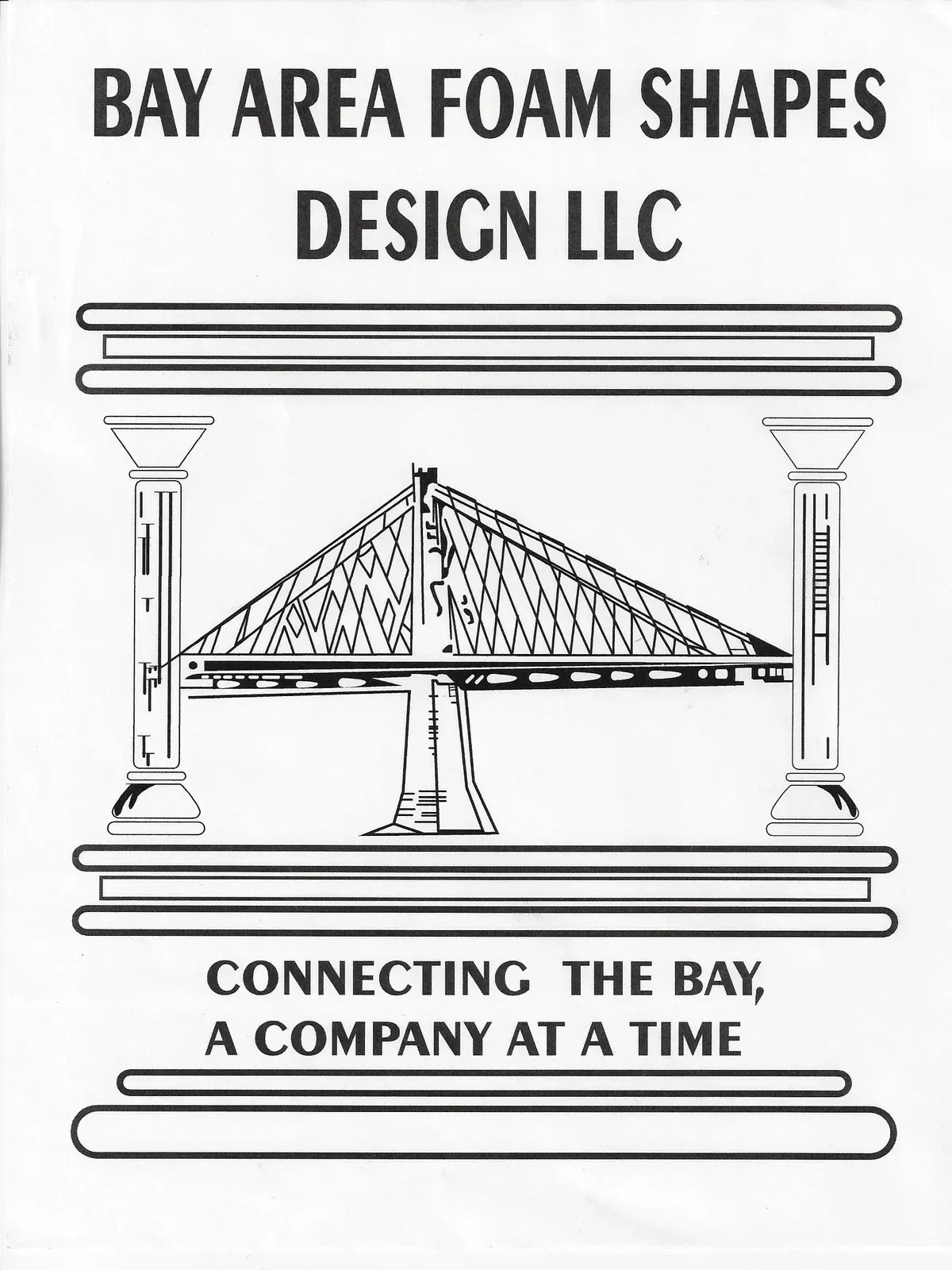 Logo for Bay Area Foam Shapes Design LLC with bridge illustration and slogan “Connecting the Bay, a company at a time.”