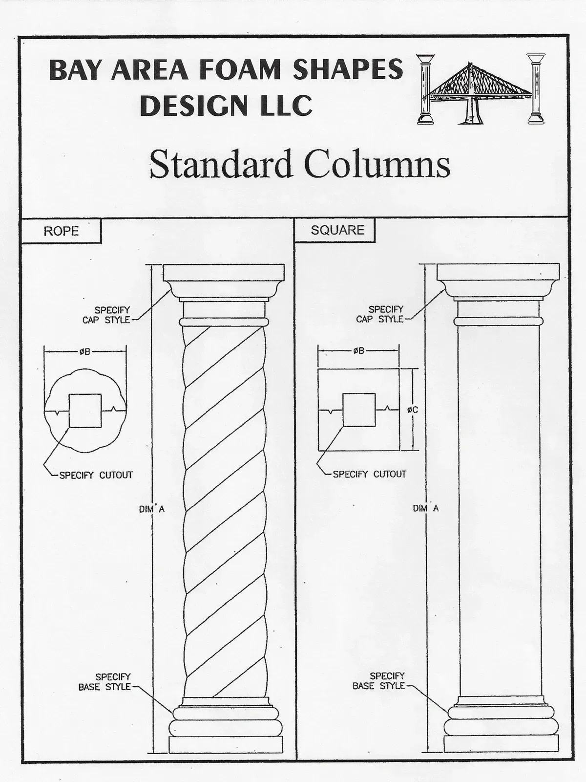 Technical drawing of standard foam columns with front and section views labeled “Bay Area Foam Shapes Design LLC”