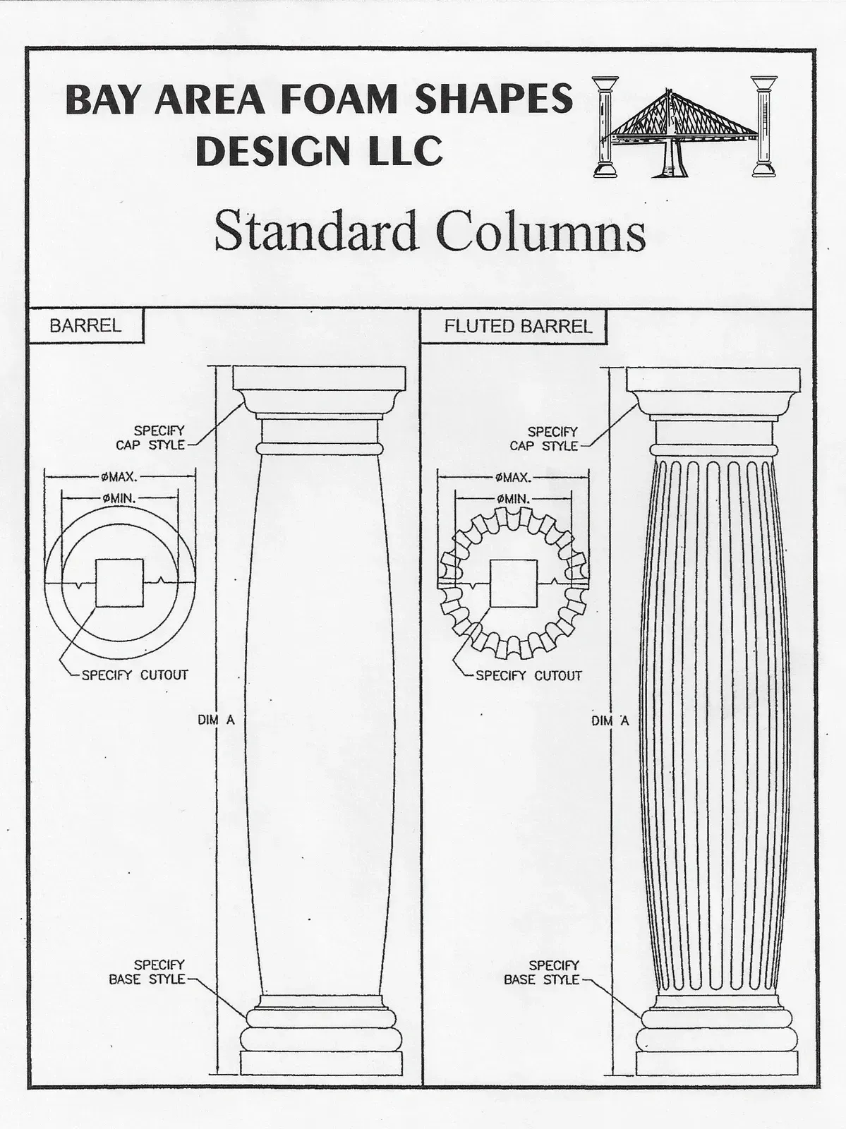 BAY AREA FOAM SHAPES DESIGN LLC standard columns blueprint with two decorative column designs.