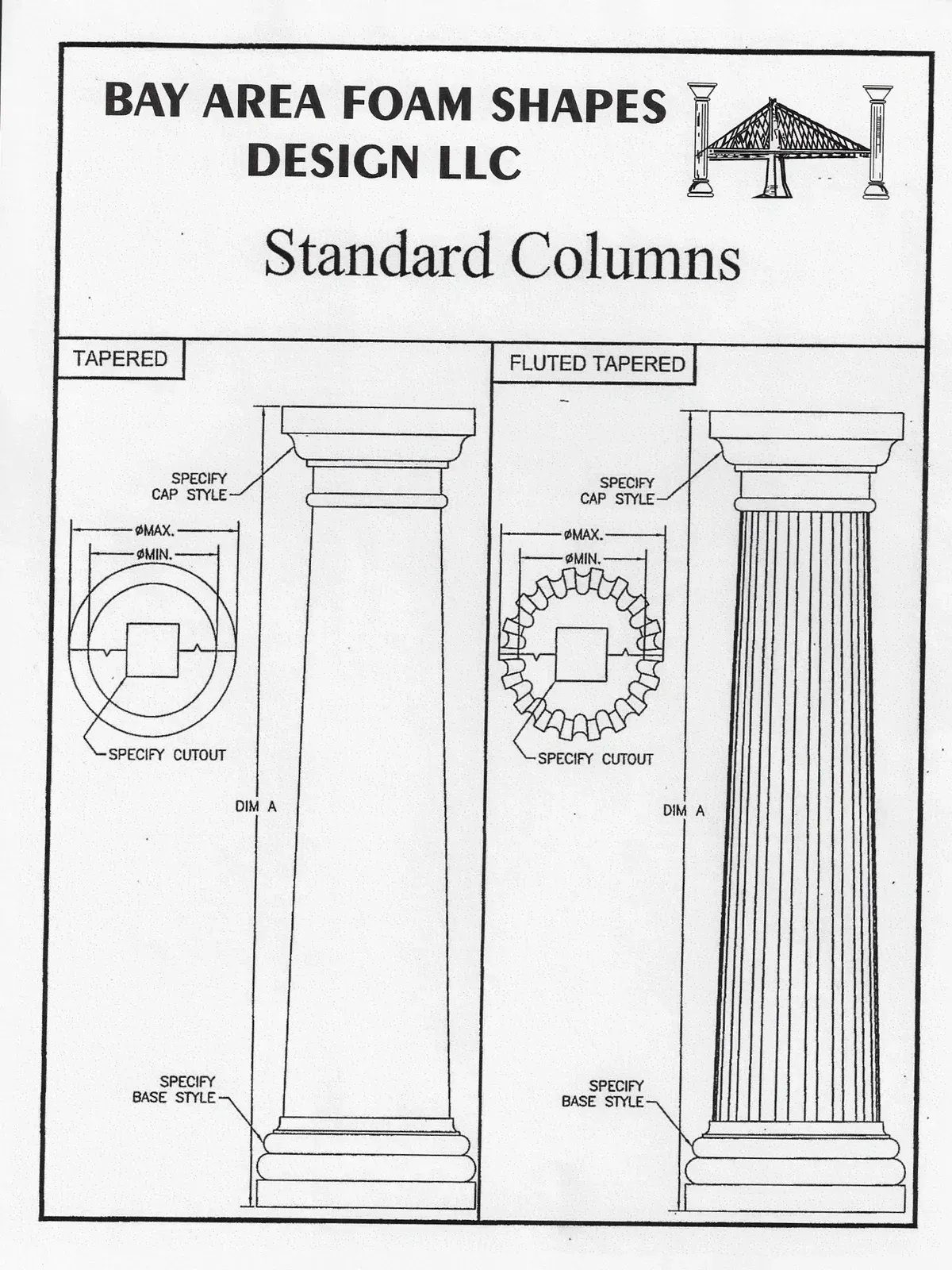 Blueprint-style diagram of standard columns, showing tapered and fluted column designs with measurements.