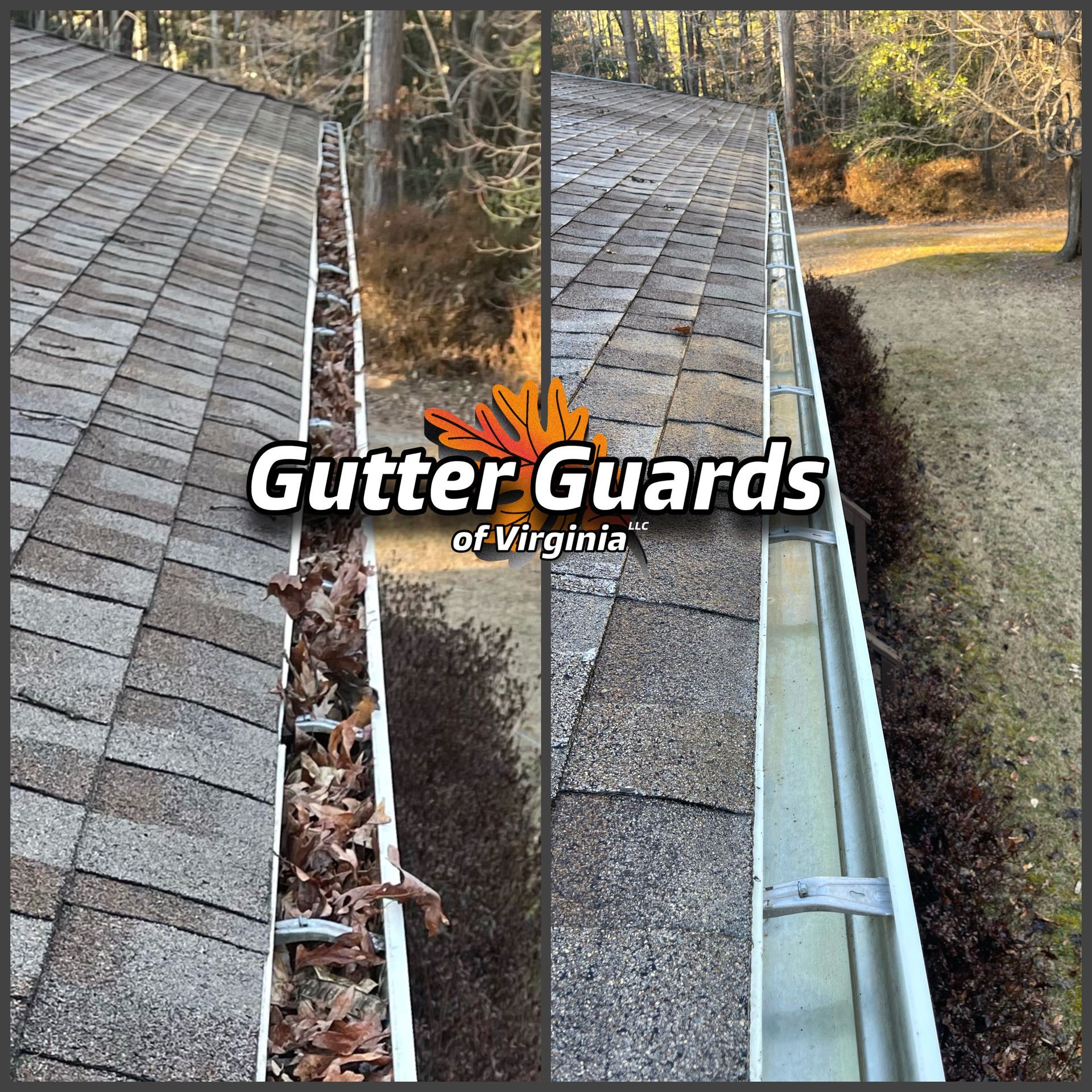 A before and after picture of a gutter with leaves on it.