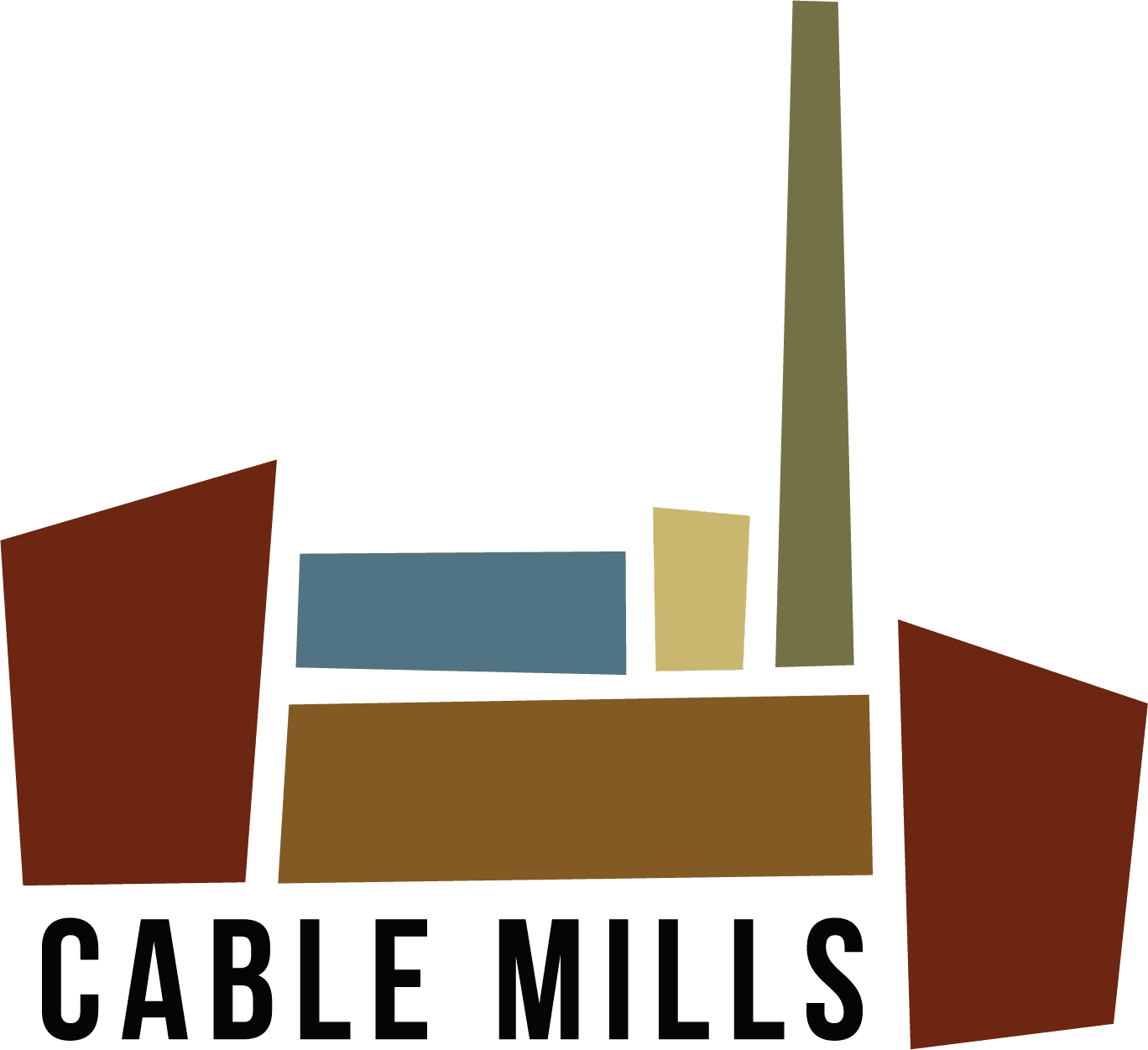 Logo for Cable Mills. Simplified illustration of industrial buildings in earth tones with a tall smokestack.