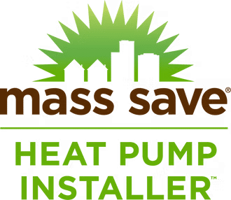 Mass Save Heat Pump Installer logo: green and brown, cityscape silhouette, text.