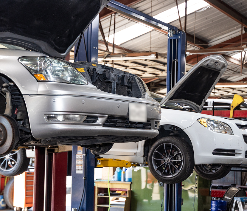 Cars raised on lifts in a garage, hoods open for repairs  | Dayton Tire & Auto