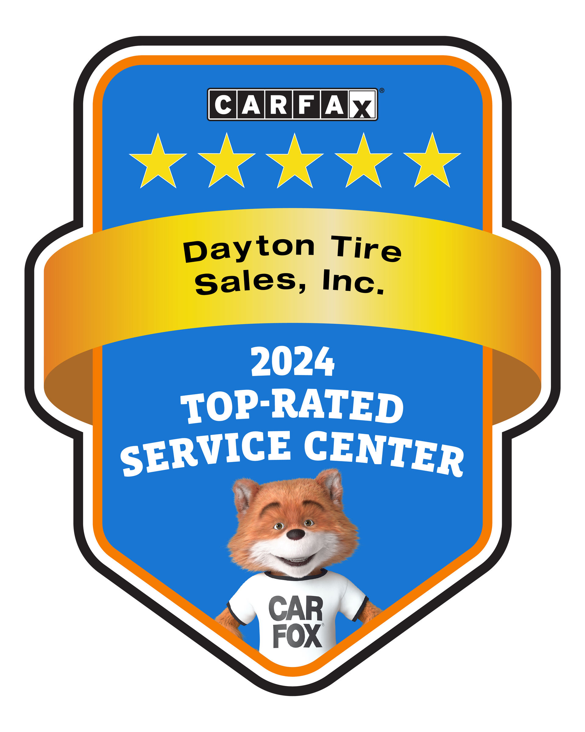 CARFAX 2020 Top-Rated Service Center badge with fox mascot wearing a 