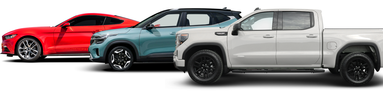 Red sports car, teal SUV, and white pickup truck parked on a white surface | Dayton Tire & Auto