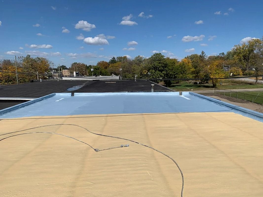 A roof with a blue sky and trees in the background.
