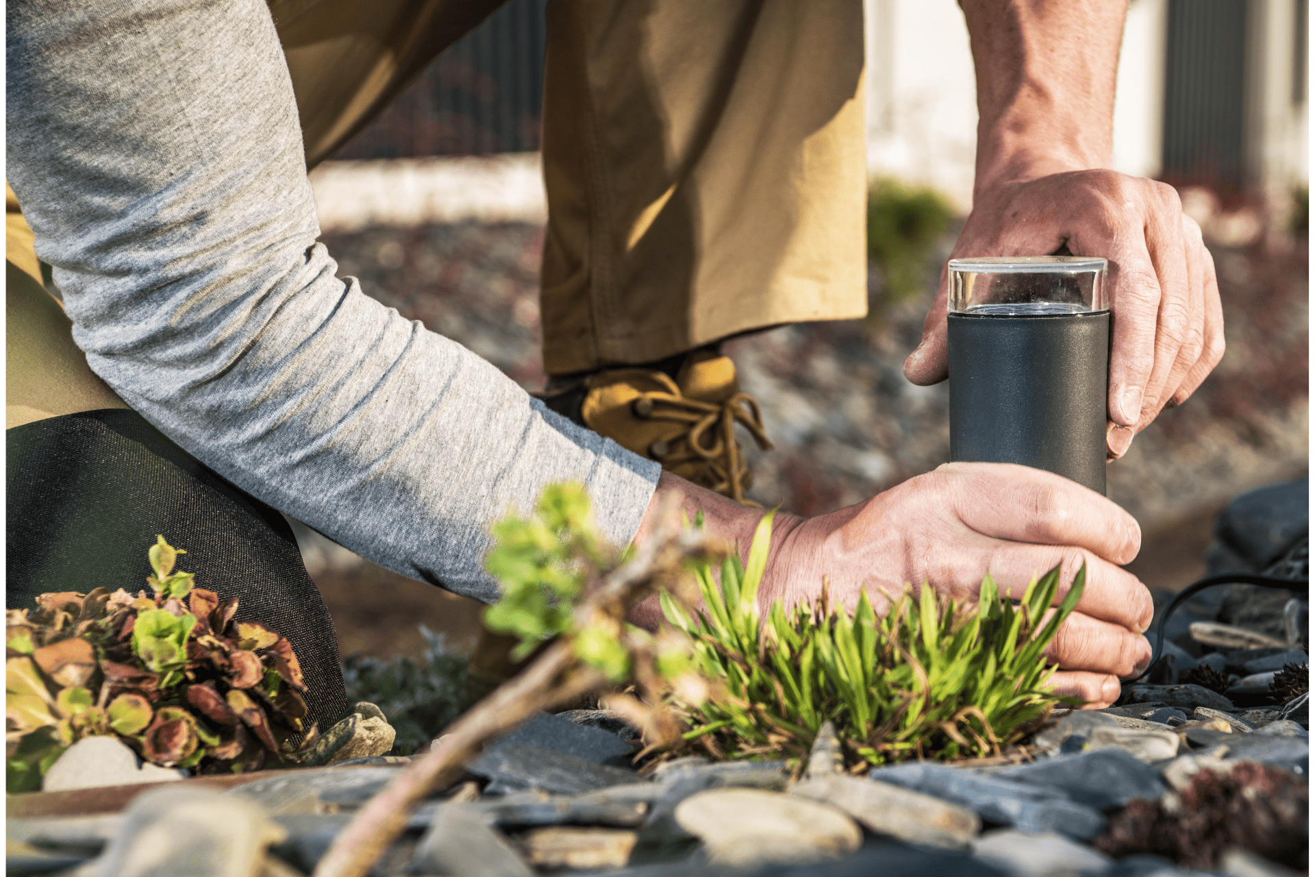 Professional Landscaper From Richmond Landscapes Installing Outdoor Light In Backyard Of Richmond Home