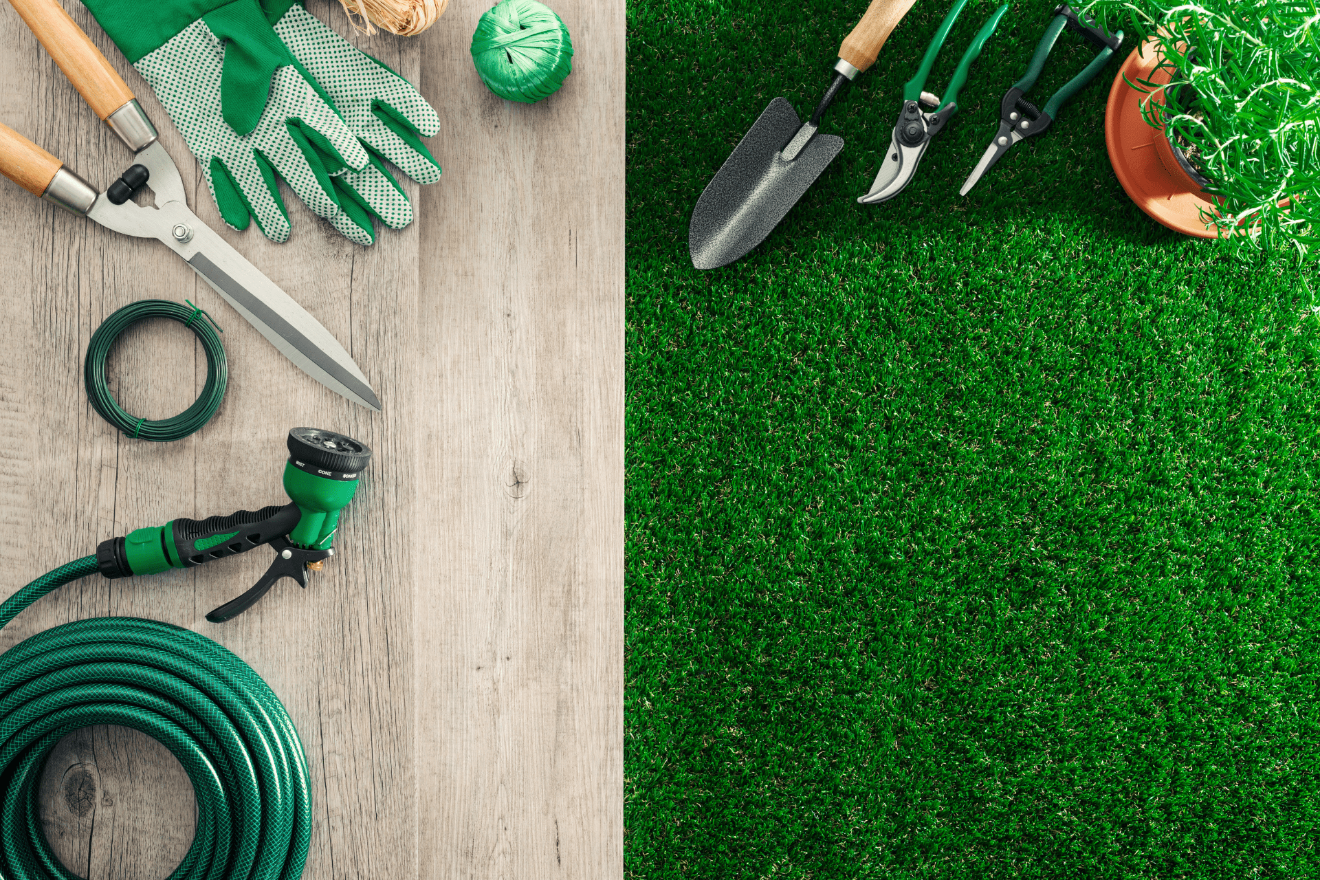 Display Of Basic Tools And Equipment Of Gardening On Half Wooden Table And Half Grass Background