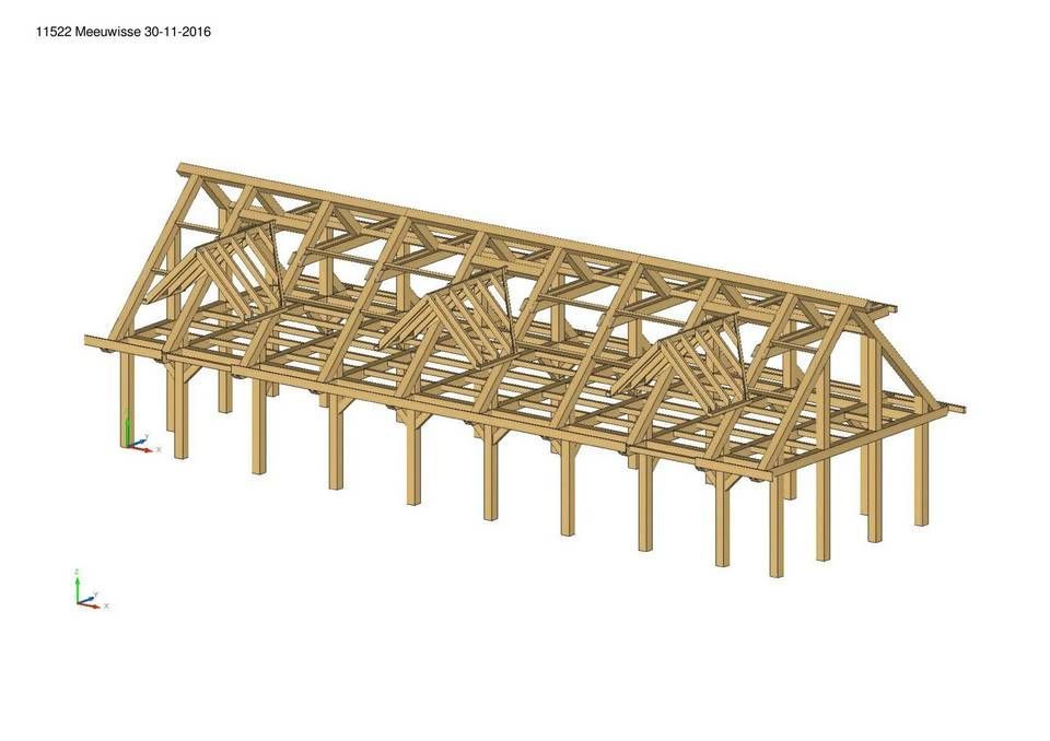 Een 3D-model van een houten constructie met een dak.
